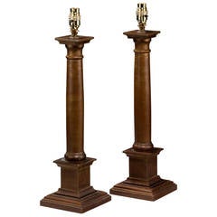 Pair of early 20th century Carved Wood Column Lamps 4