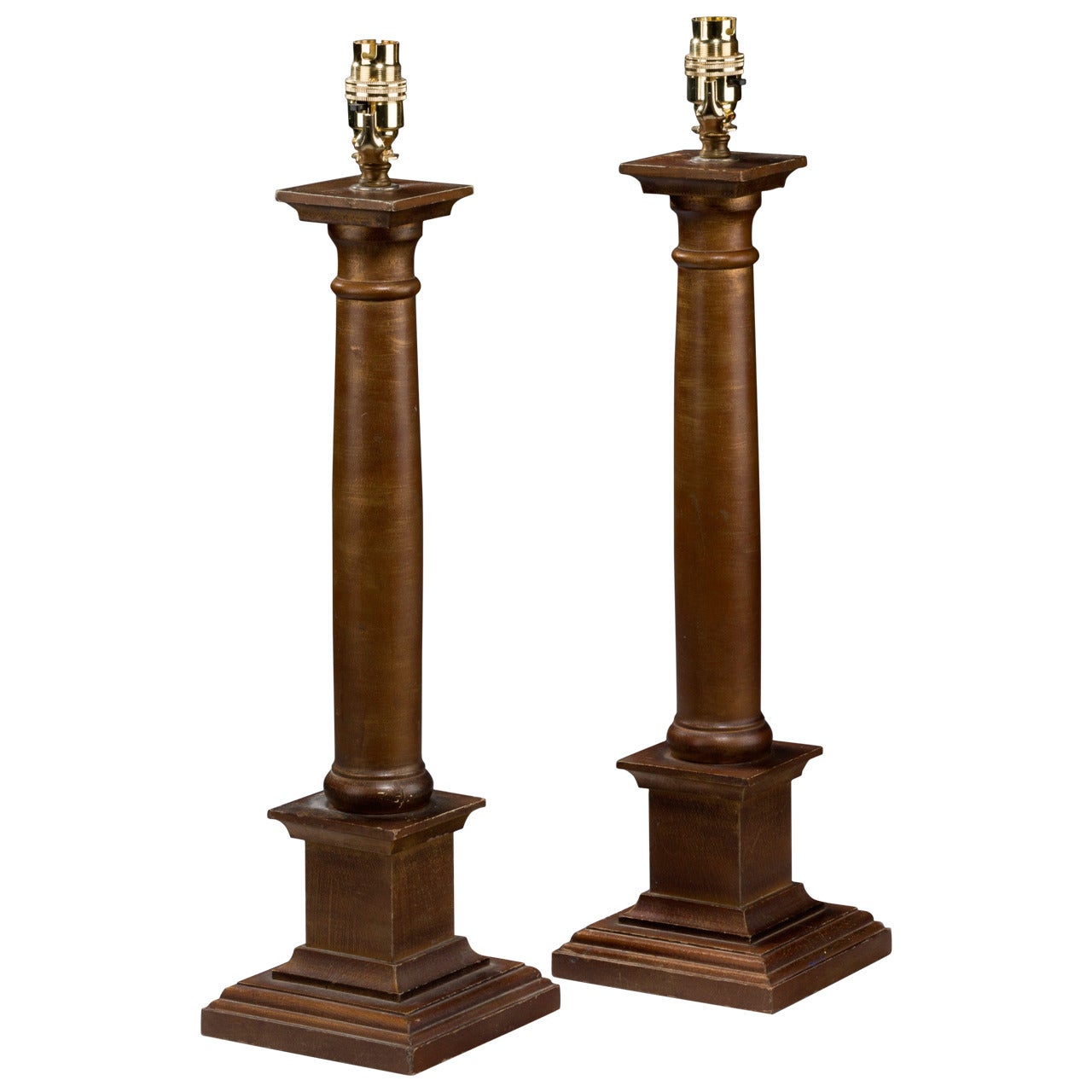 Pair of Early 20th Century Carved Wood Column Lamps