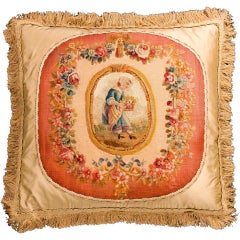 Antique Cushion: 18th Century, Wool. A Young Woman Carrying a Basket of Flowers