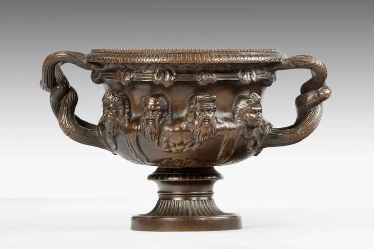 A good 19th Century bronze Warwick Vase, well cast and patinated.

Provenance
The Warwick Vase is an ancient Roman marble vase with Bacchic ornament that was discovered at Hadrian's Villa, a Tivoli about 1771 by Gavin Hamilton, a Scottish