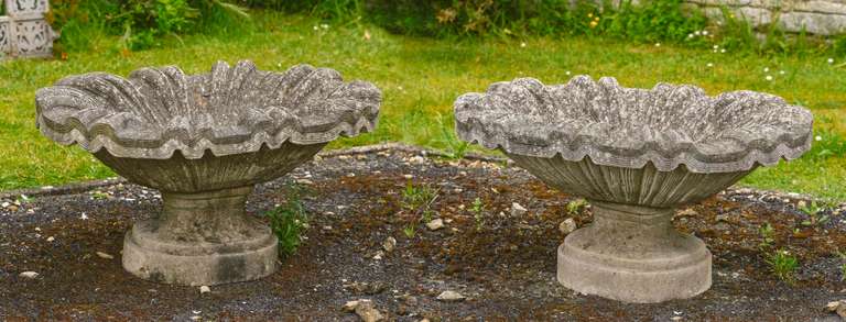 A pair of 20th century shallow carved stone dishes or urns, the flared tops over oval turned bases.

 

RR.