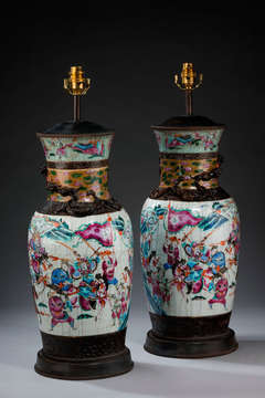 Pair Of Massive Oriental Crackle Ware Vase Lamps