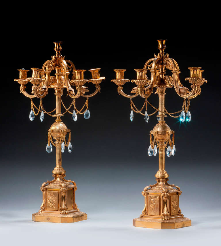 Fine 19th century French gilt bronze candelabra with glass oval drops.


