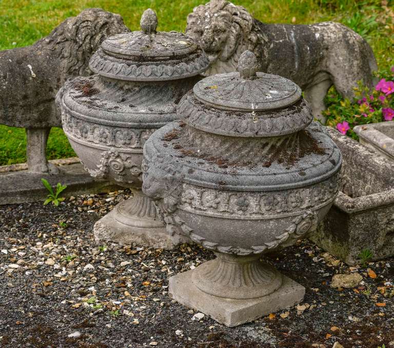 Pair of early 20th Century well cast lidded Urns in reconstituted stone with lions heads masks and draped harebells.