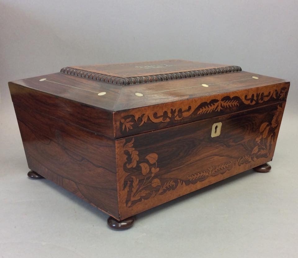 Early 19th Century Work Box with marquetry and happiny pearl decoration, with contrasting burr timbers in overall excellent condition retaining original flat bun feet.

