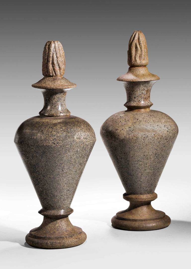 British Pair of Granite Turned and Carved Finials