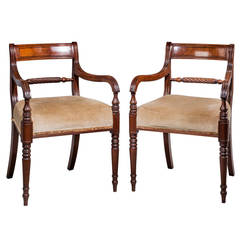 Pair of Regency Style Mahogany Frame Elbow Chairs