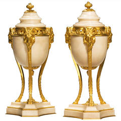 Pair of Early 20th Century French Gilt Bronze and Marble Lided Vases