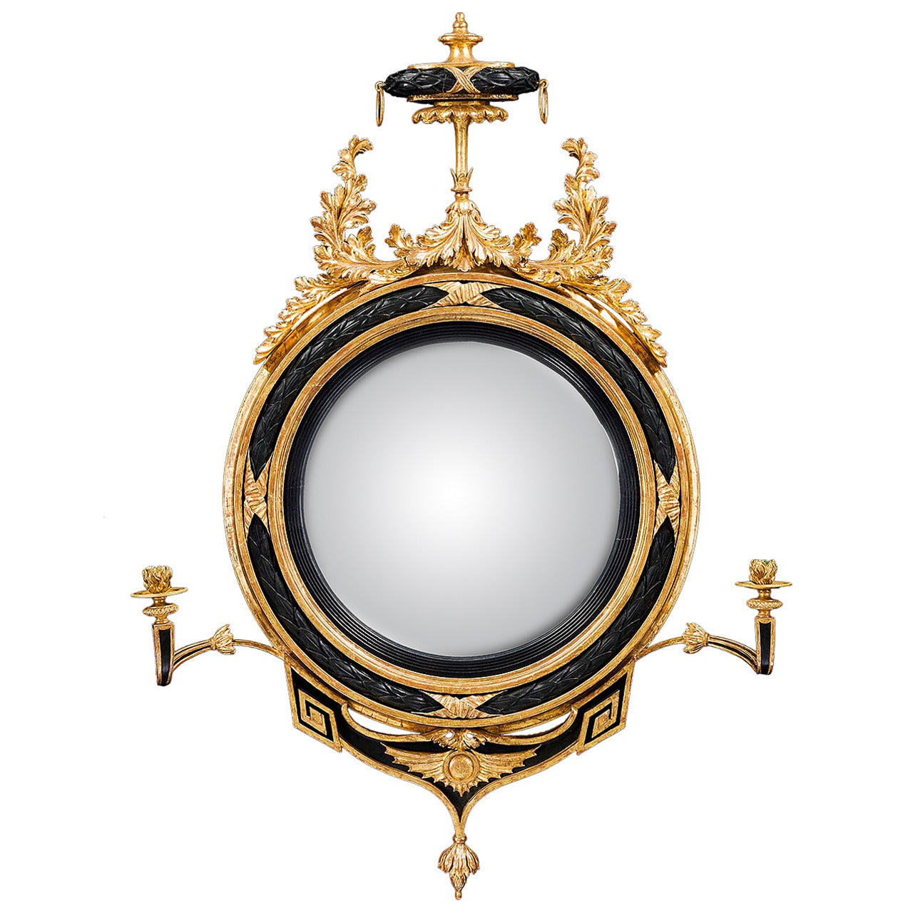 Regency Period Convex Mirror with Ebonized and Giltwood Decoration