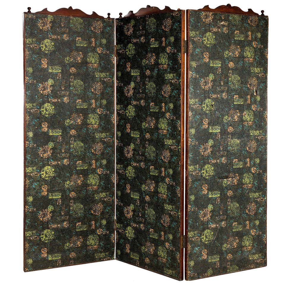 Victorian Embossed Leather and Water Colour Folding Screen Room Divider ...