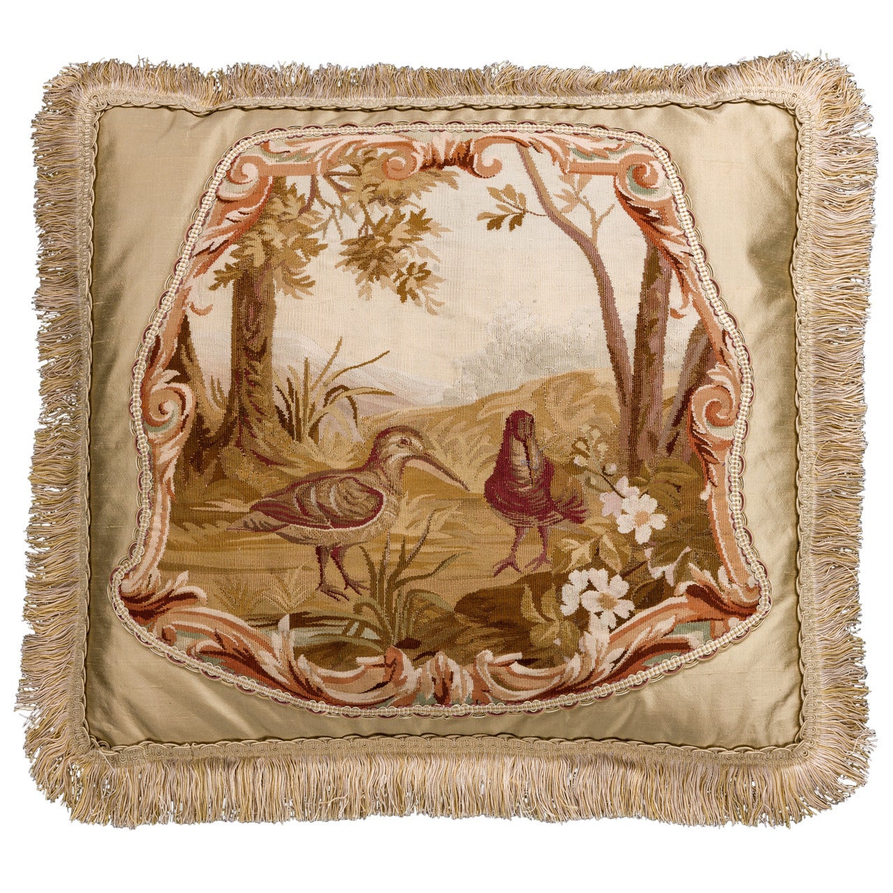 Cushion: 18th Century, Wool. Two Exotic, Long Billed Birds For Sale