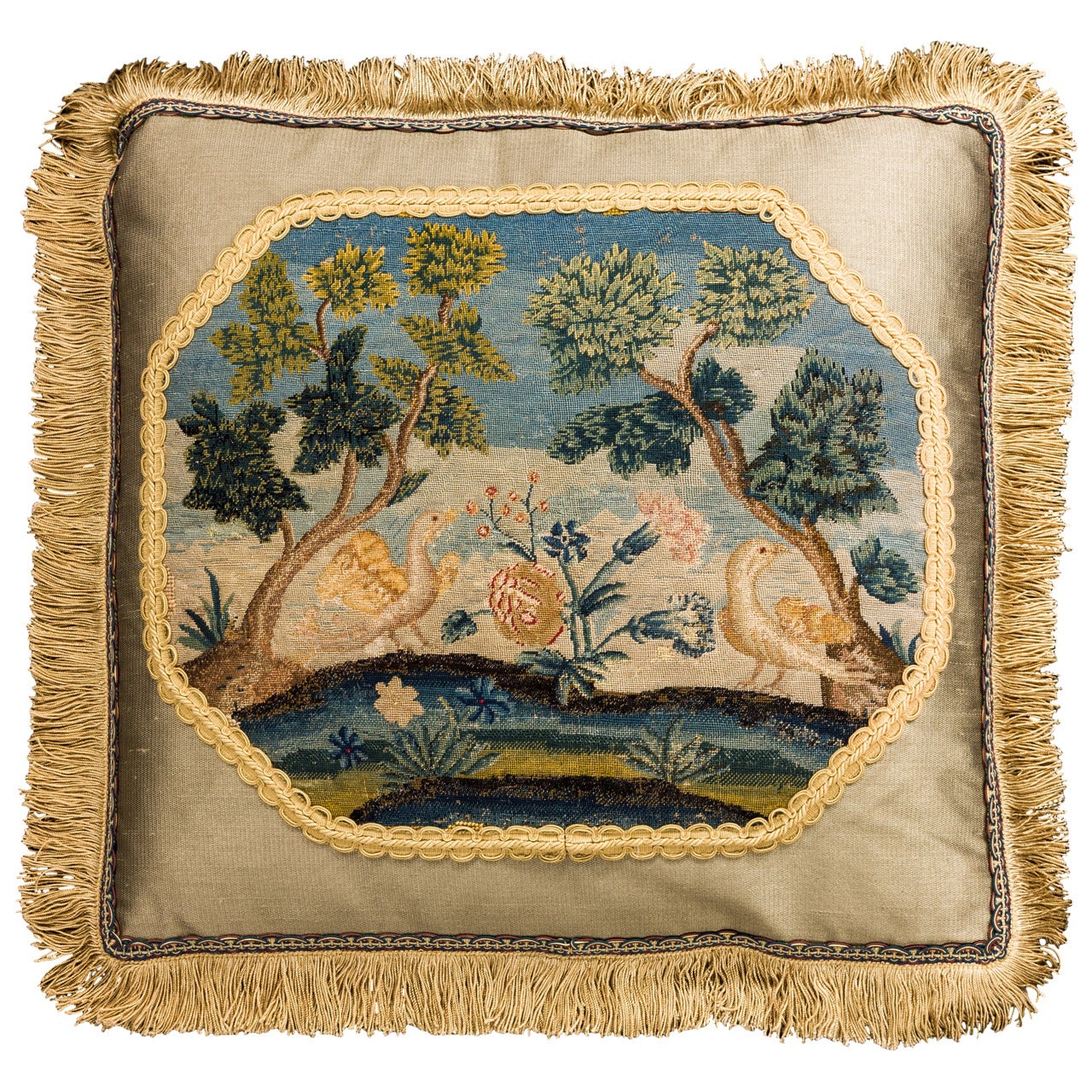 Cushion: 18th Century, Wool. Exotic Birds.