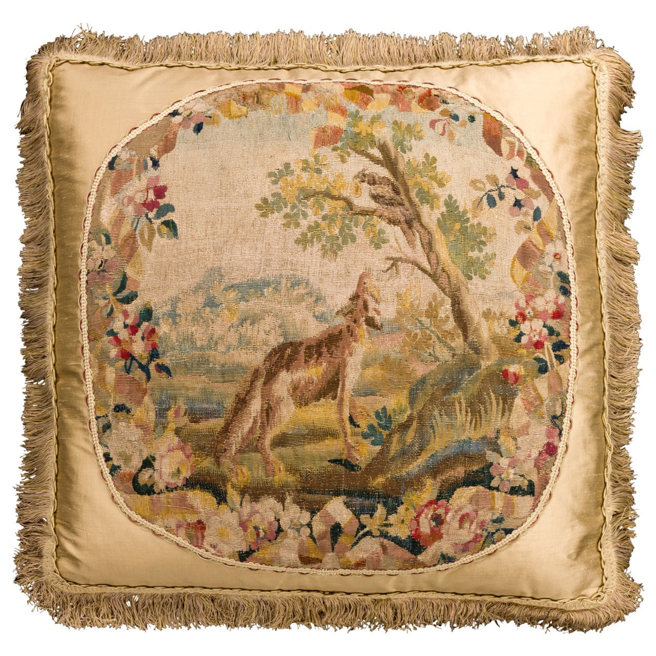 Cushion: Mid-18th Century, Wool. A Hound Stalking a Bird