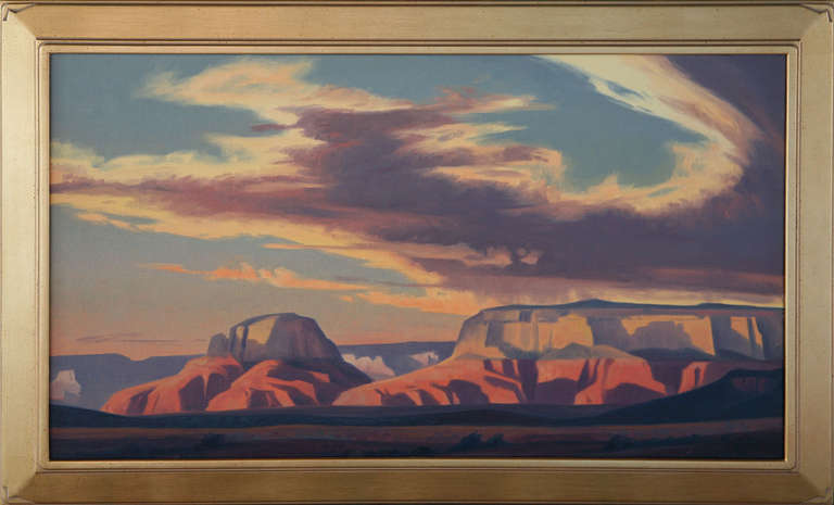 Custom Ed Mell frame engraved with artists name. Canvas 20 x 36; 25 x 41 inches framed. Works by Ed Mell can be found in numerous museum collections, public and private installations. He work was featured on the US Forever Stamp 2012 to celebrate