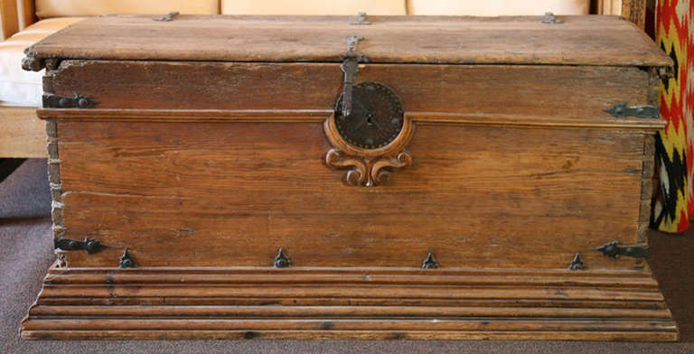 Early Spanish Colonial Chest original hardware still in place.  Some minor wood loss consistent with age.