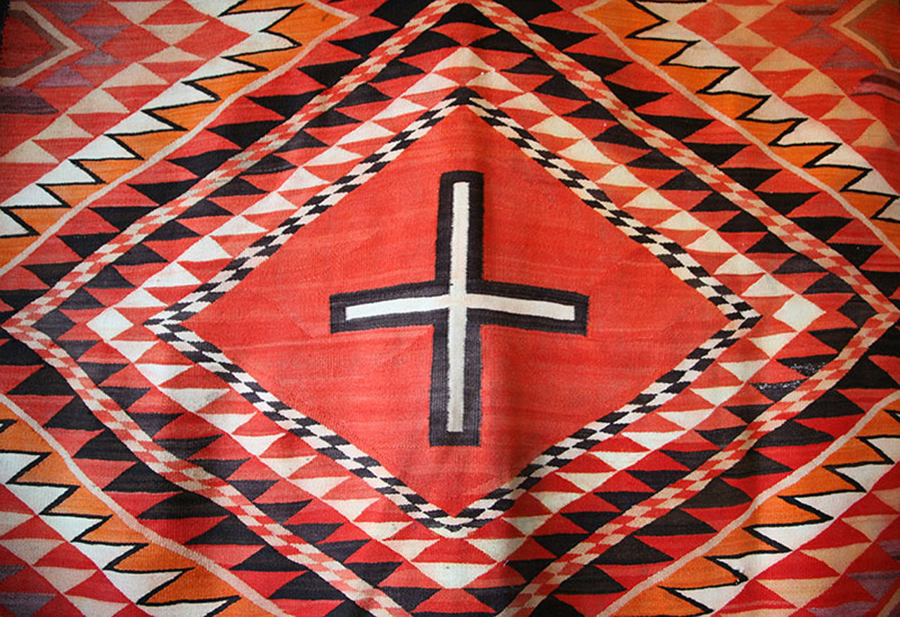 American Navajo Transitional Eye Dazzler Blanket with Central Modified Spider Woman Cross