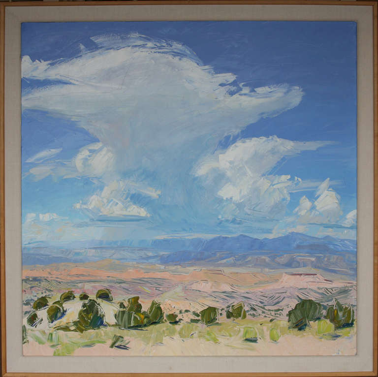 1992 Louisa McElwain (1953-2013) large sky painting. This is a large example of Louisa's work with her trademark large sky. Louisa's paintings have been recently featured on the cover of 