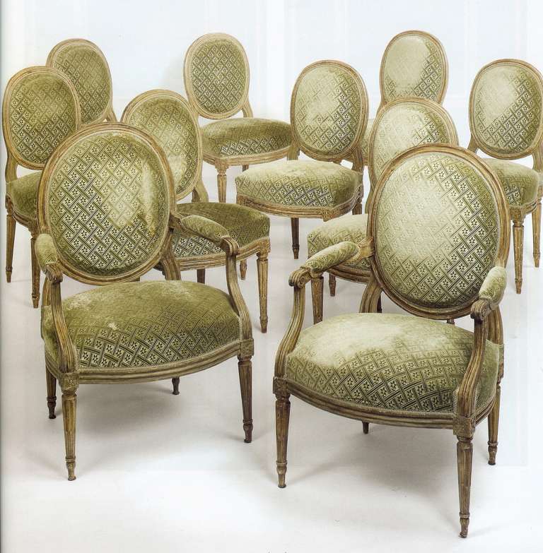 A suite of Louis XVI painted dining chairs, stamped I. Avisse & Le Chartier. Comprising two armchairs and eight side chairs.

Jacques Le Chartier (1754-1809), maître in 1773 (the armchairs)
Jean Avisse (1723-1796), maître in 1745 (the side