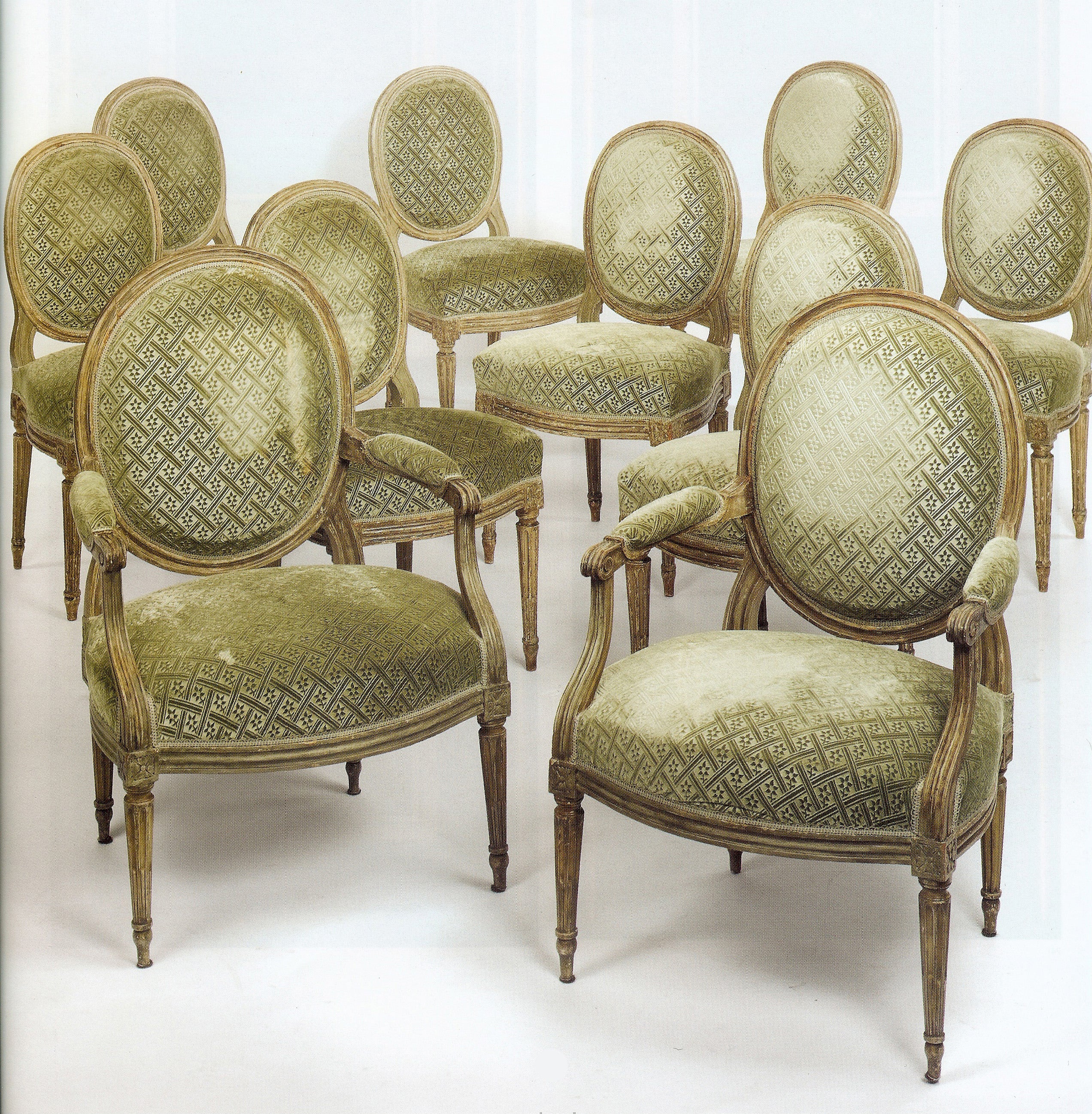 Suite of Louis XVI Painted Dining Chairs, Stamped "I. Avisse & Le Chartier" For Sale
