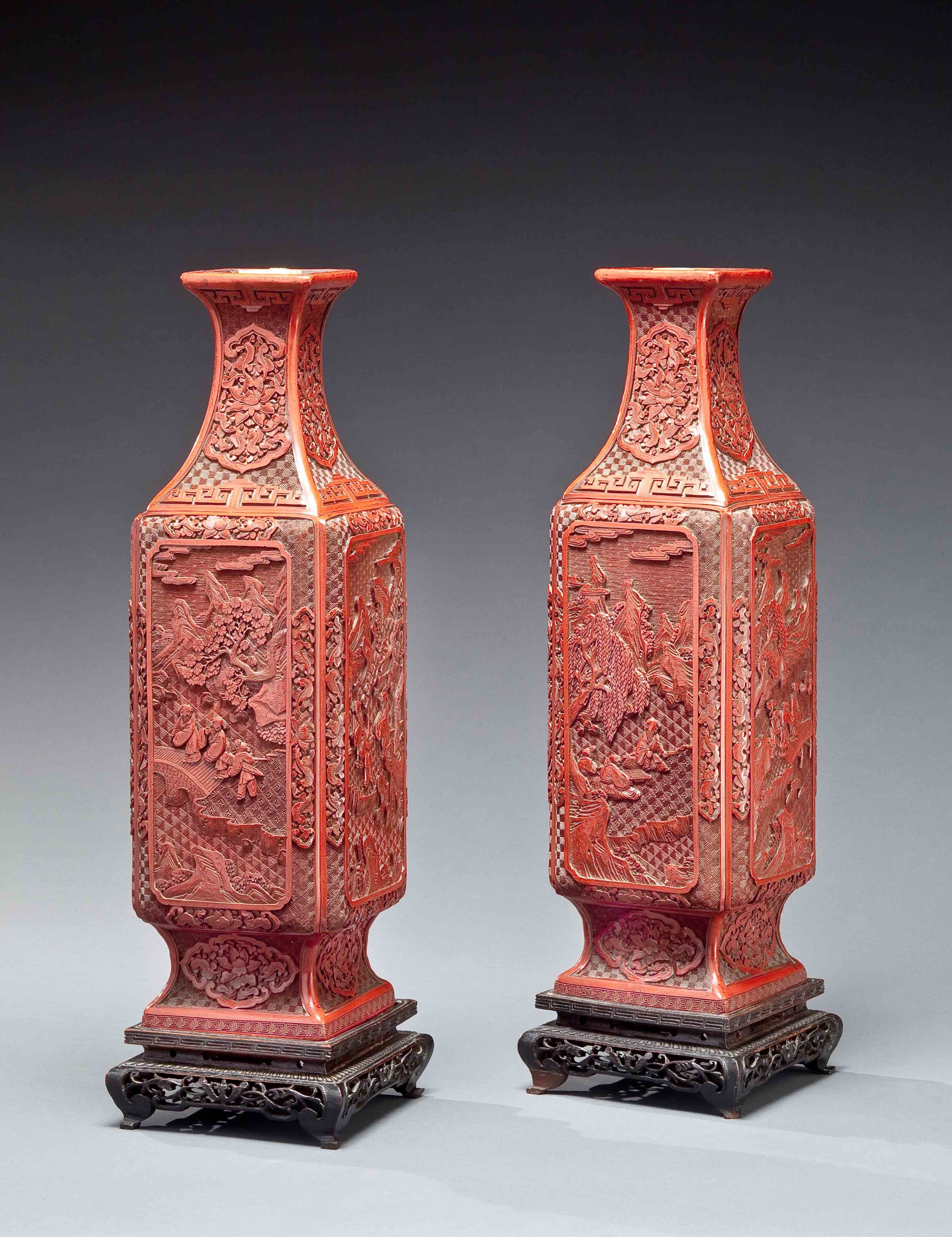 A Pair Of Chinese Cinnabar Lacquer Vases at 1stDibs