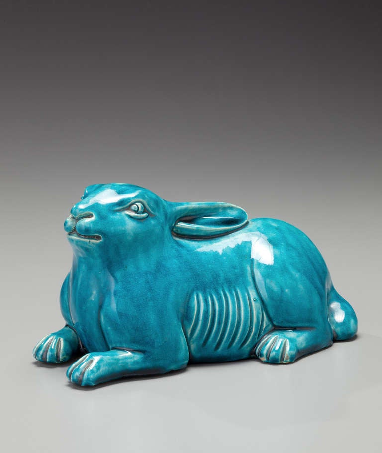 a lovely Chinese ceramic rabbit covered in a rich and vibrant opaque turquoise glaze