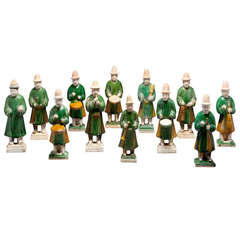 Antique A Set of 12 Green Glazed Pottery Figures of Attendants and Musicians