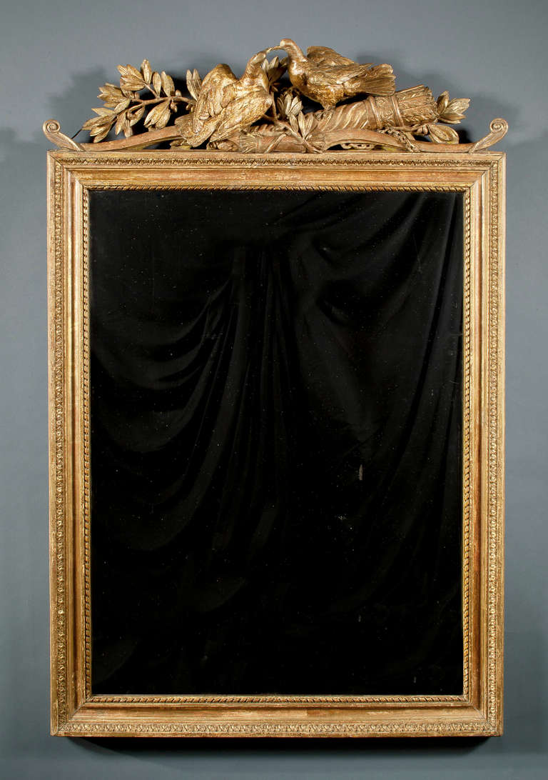 Louis XVI Giltwood Mirror with Carved Lovebird Pediment