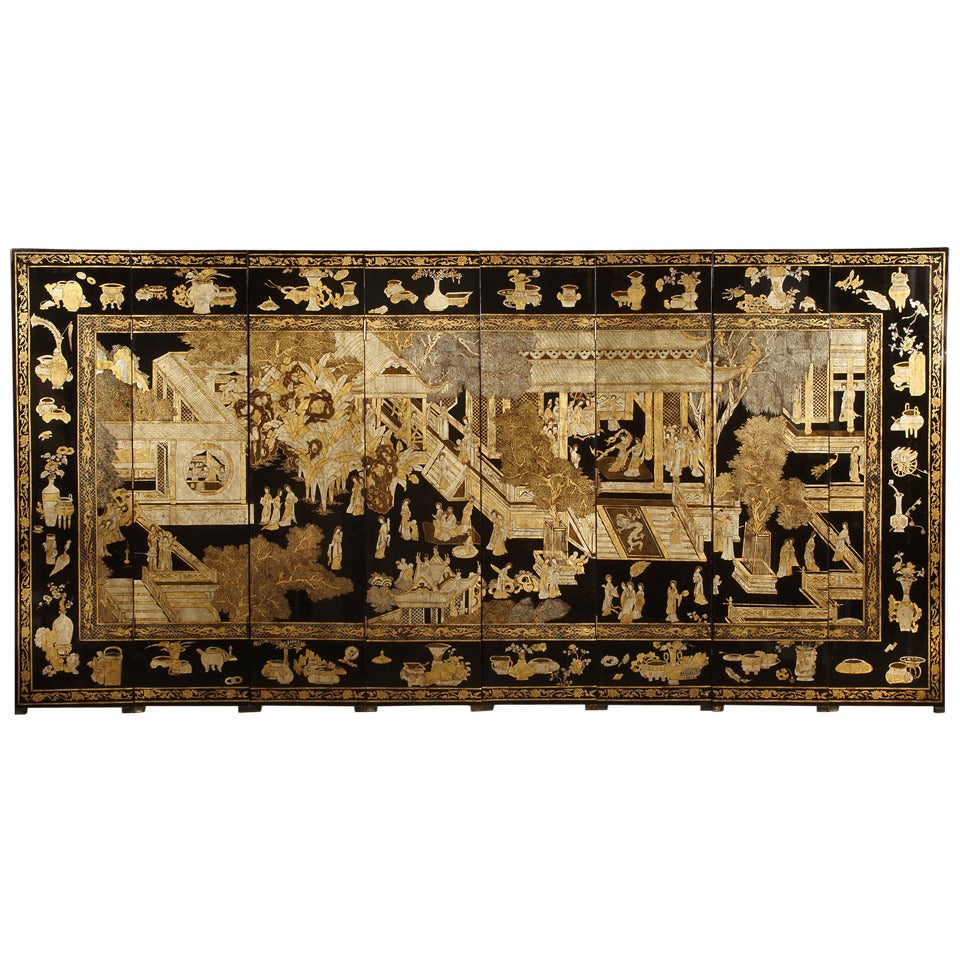 Eight-Panel Black Lacquer and Gilt Screen For Sale