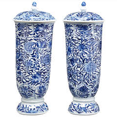 Pair of Blue and White Beakers and Covers