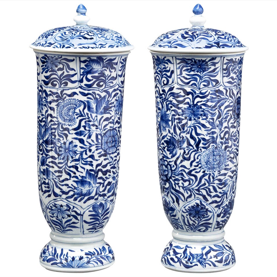 Pair of Blue and White Beakers and Covers For Sale