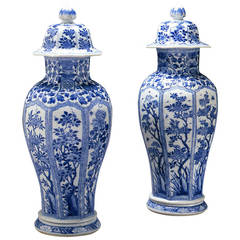Pair of Blue and White Vases with Covers