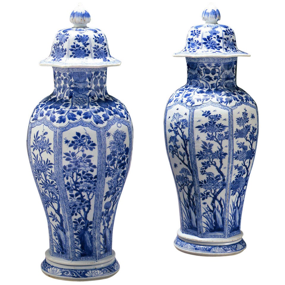 Pair of Blue and White Vases with Covers For Sale
