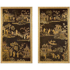 Antique Pair of Black Lacquer and Gilt Panels