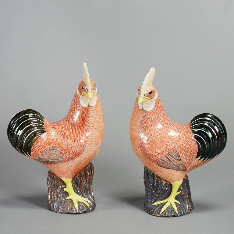 Pair of Brown and Orange Painted Roosters