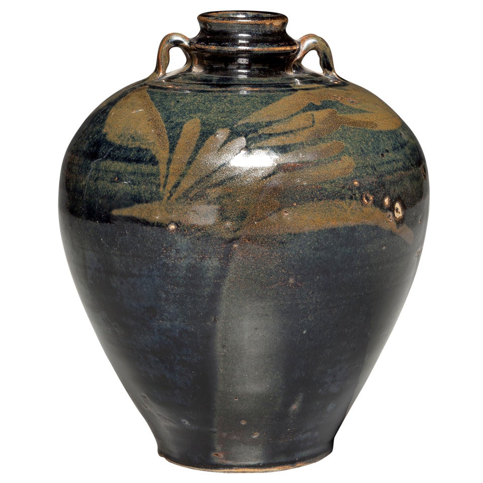A Henan Black Glazed Jar with Brown Floral Splashes and Ring Handles For Sale