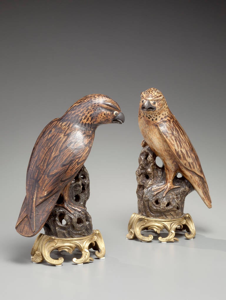 Pair of Gilt-Bronze Mounted, Stoneware Figures of Hawks
