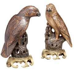 Pair of Gilt-Bronze Mounted, Stoneware Figures of Hawks