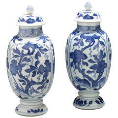 Pair of Blue and White small Ovid Jars and Covers