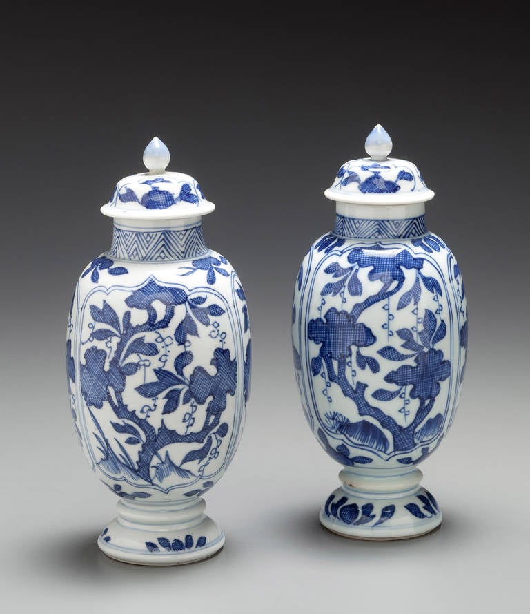 Pair of Blue and White small Ovid Jars and Covers