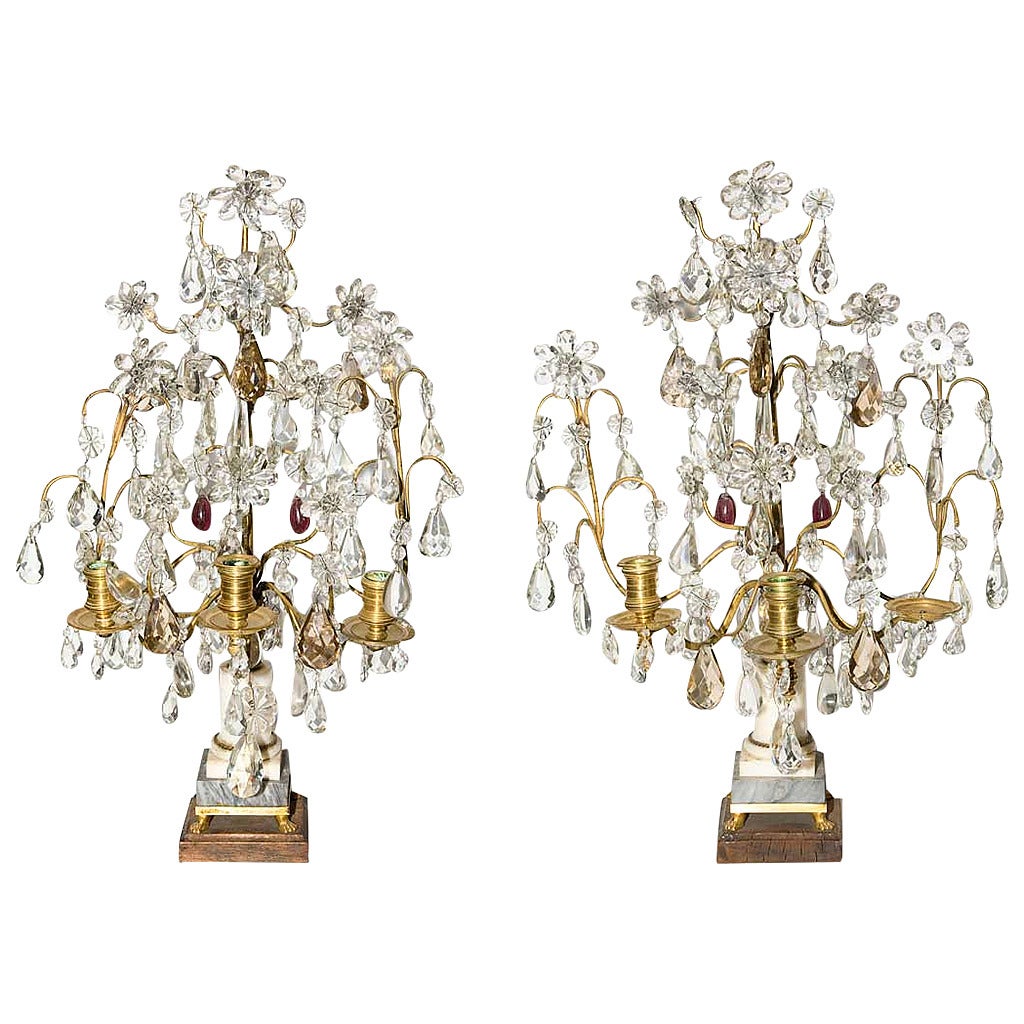 Pair of French Gilt-Metal and Glass Three-Light Girandoles For Sale