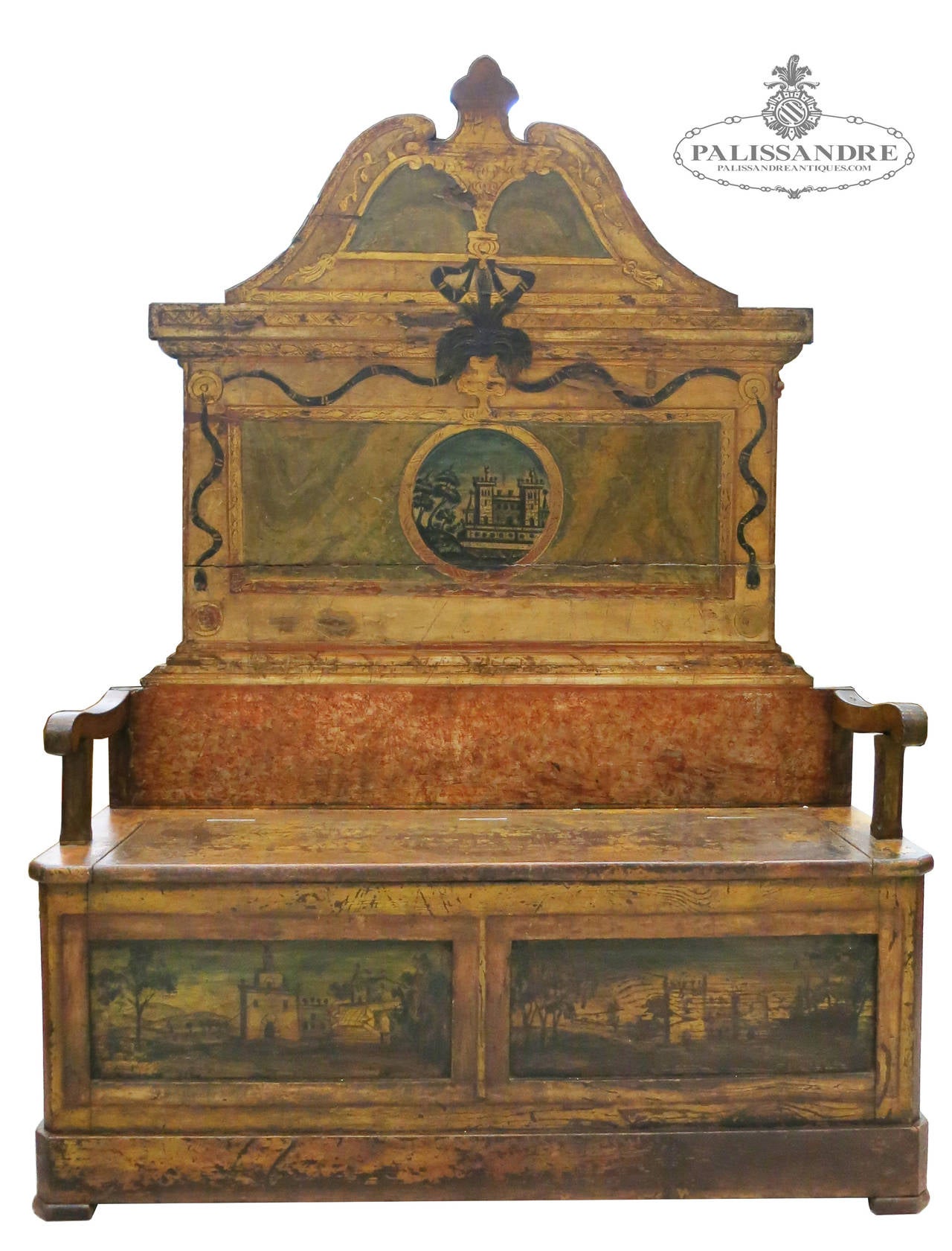 It is a rare and exquisite piece in the world of art and antiques. Good working condition.
Bank of polychrome wood. The seat, folding, with function ark. In the front are two scenes framed landscapes: a city surrounded by nature and a defensive