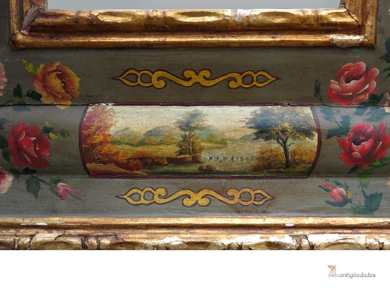 Carlos IV exquisite mirrors that being a couple and give them excellent preservation of heritage value incalculable. Polychrome frame with floral decoration and landscape scenes, edge and carved spindles, wide polychrome hand-painted with bouquets