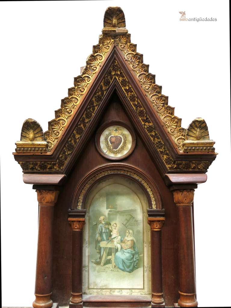 Reliquary of the 18th century Neo-Gothic architecture with slender pointed Silhouette representing slender cathedral facade topped by angular and rich golden cornice. Five balanced hollow niches for devotional images. Rich countertop with inlaid