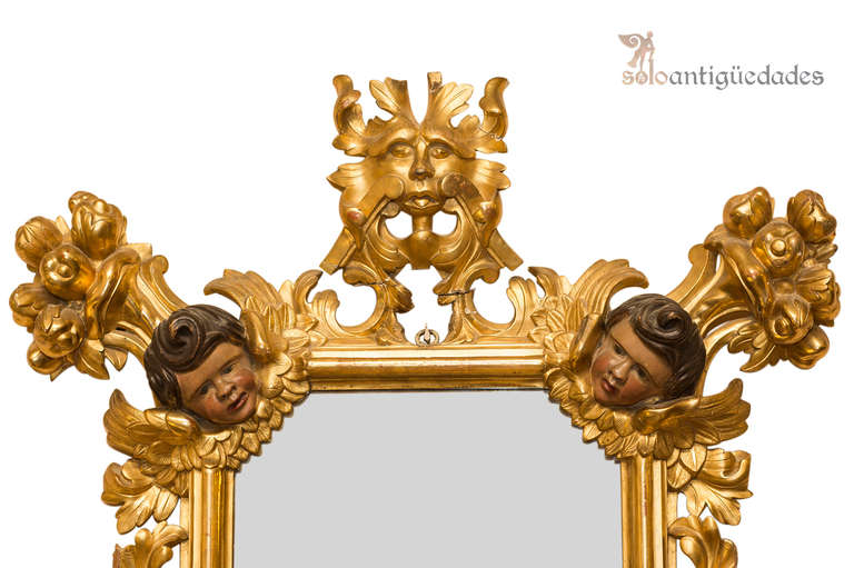 Rococo Mirror with Polycrome Angels, 18th Century For Sale 1