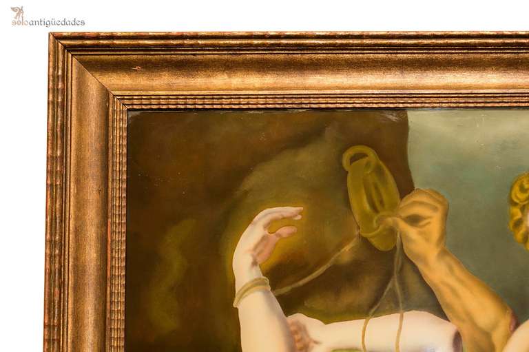 Painted glass depicting Perseus assisted by two angels to release Andromeda