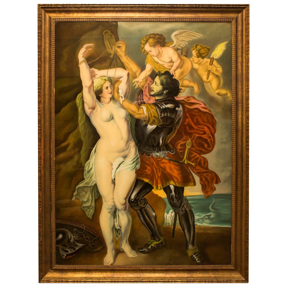  Painted glass depicting Perseus assisted by two angels to release Andromeda For Sale
