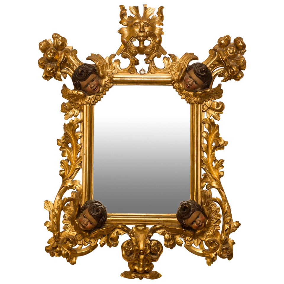 Rococo Mirror with Polycrome Angels, 18th Century For Sale