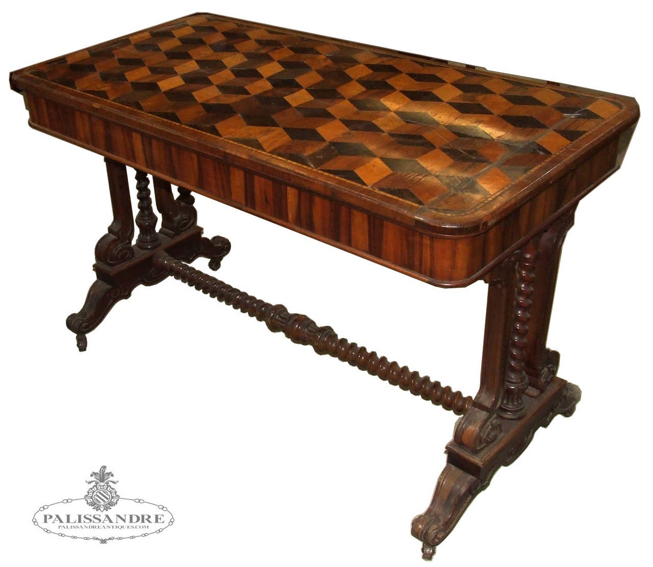 Wooden palissandre reception table with inlaid wood board decorated with geometric patterns. It rests on four turned legs joined two by two beam. Sheraton style.