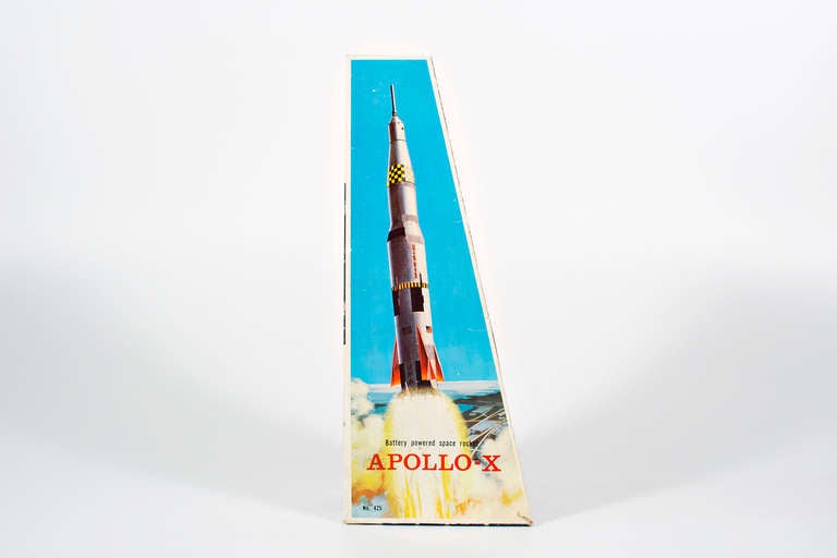 rocket in mint condition, originally wrapped in box for sale. in may 1969 the  10th apollo mission was conducted to test the rehearsal of moon landing which succeeded at the end. nice item to illustrate the desire of mankind to conquer space. has to