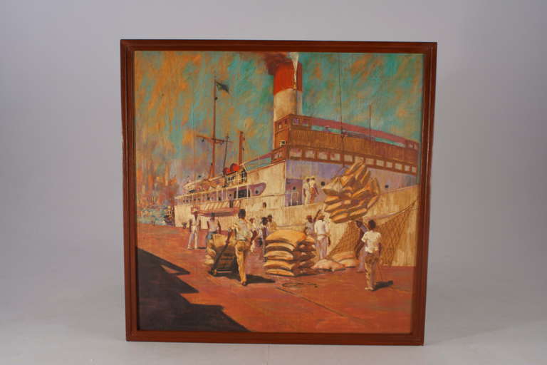 expressionistic artwork, early 20´s, painted on wood. black lumpers loading a steamship with coffee sacks on an island in the caribean sea. nice patina - the wooden structure of the plate gleams warmly through the oil-painted surface.